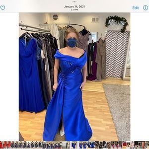 Tahari electric blue off the shoulder gown